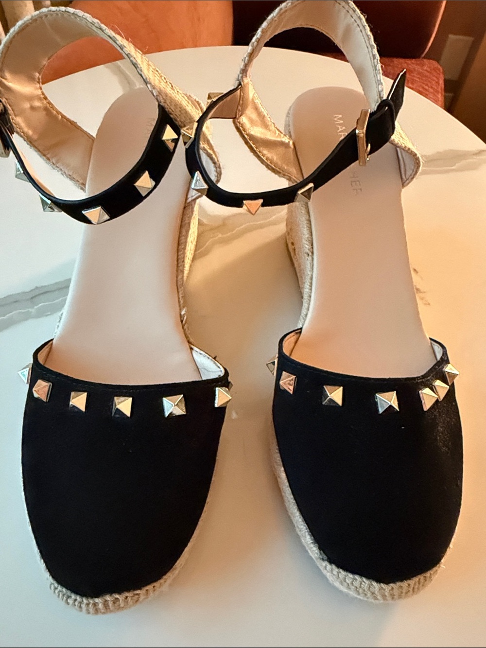 Marc Fisher Black Studded Suede Espadrille Wedges, size 8.5, EUC